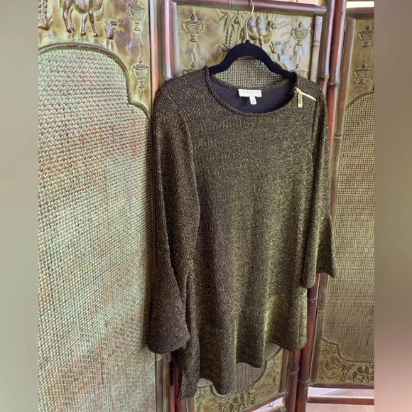 CHAUS WOMENS SCOOP NECK 3/4 LENGTH SLEEVE BLACK & GOLD‎ SPARKLY TUNIC SIZE SMALL - Picture 1 of 9